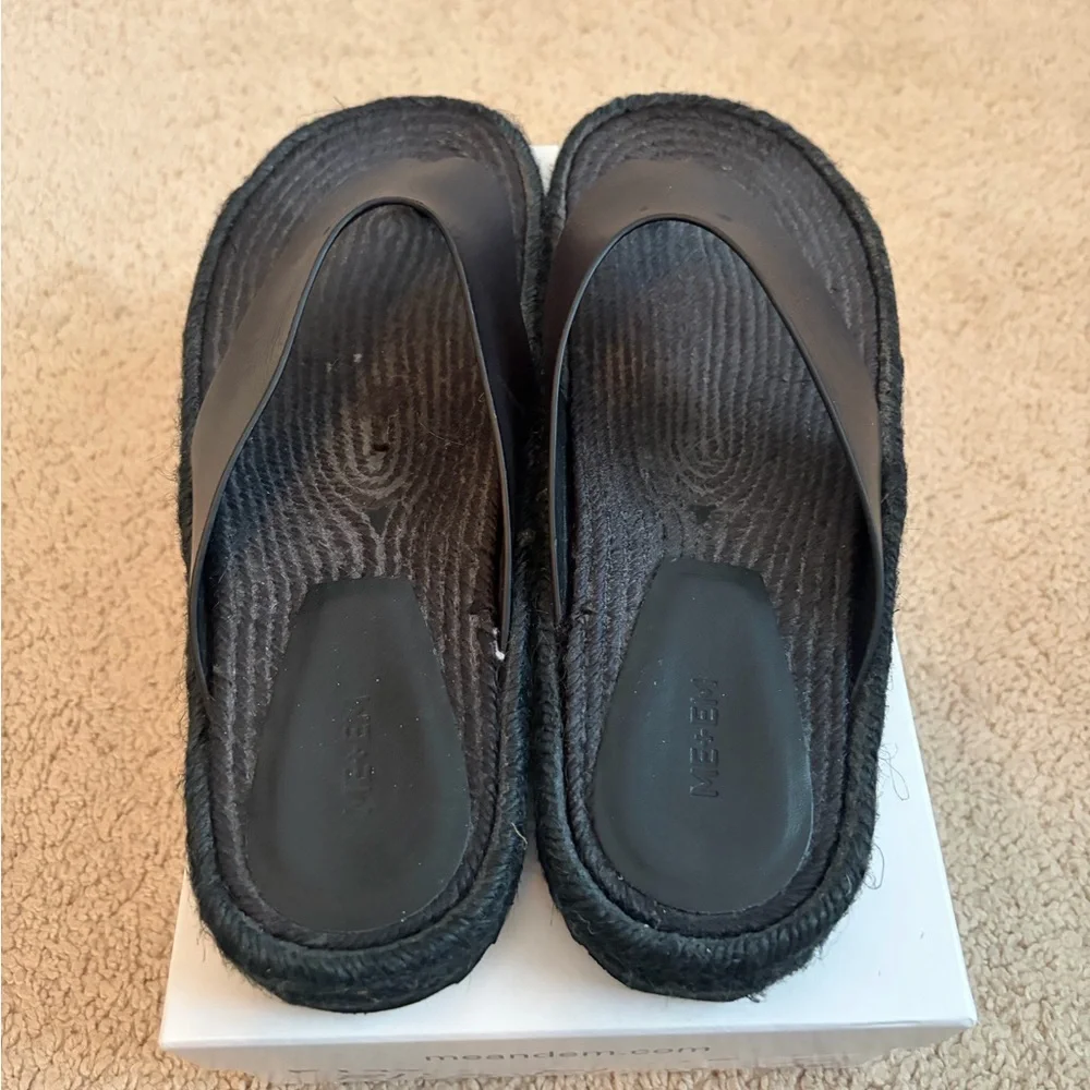 ME+EM Black Leather Espadrille Toe-Post Sandals